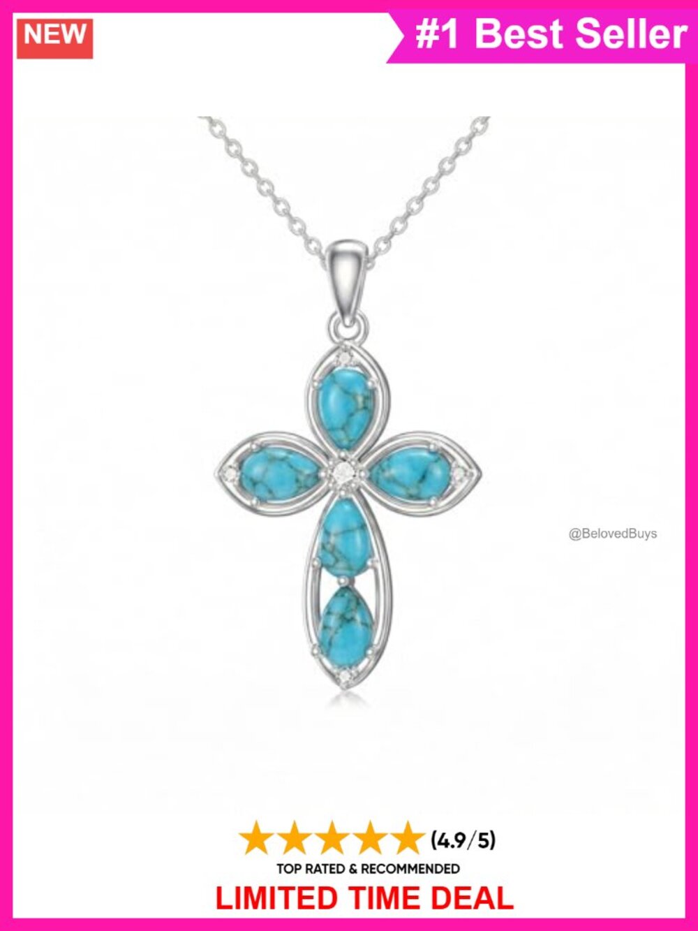 Natural Turquoise Cross Pendant Necklace 925 Sterling Silver Women Religious